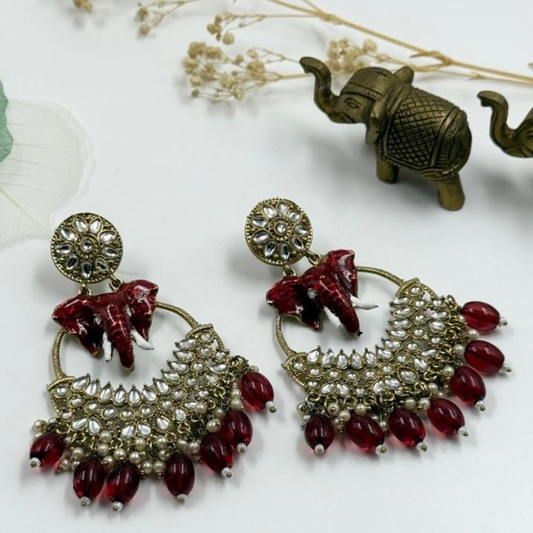 Elephant Motif Long Pearl Earrings Red