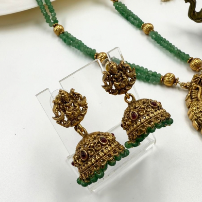 Long Traditional Temple Jewellery Set - 2 Green beaded