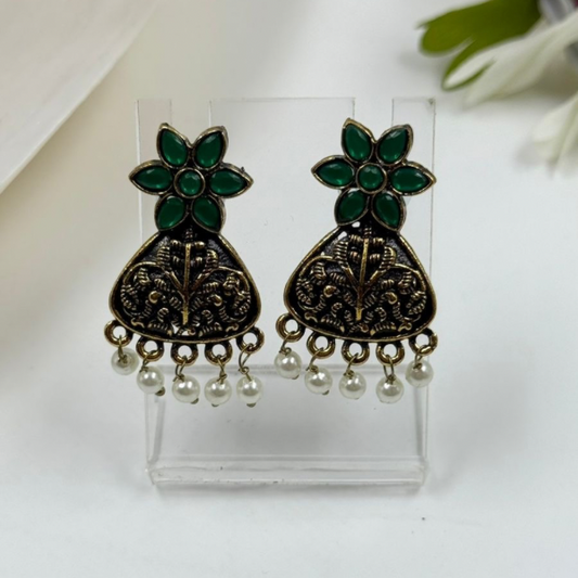 Antique Gold Plated Emerald Bloom Drop Earrings with Pearls