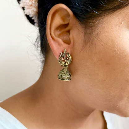 Ethnic Charm Oxidised Peacock Jhumka Earrings