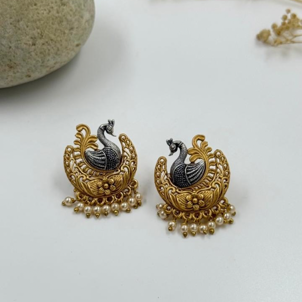 Dual Tone Peacock Blossom Earrings with Pearl Drops