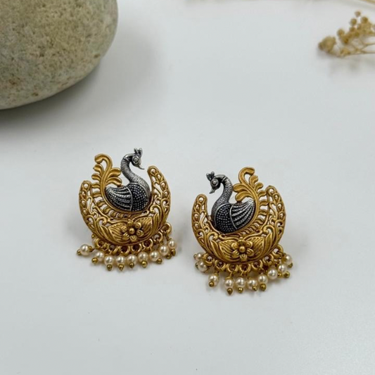 Dual Tone Peacock Blossom Earrings with Pearl Drops