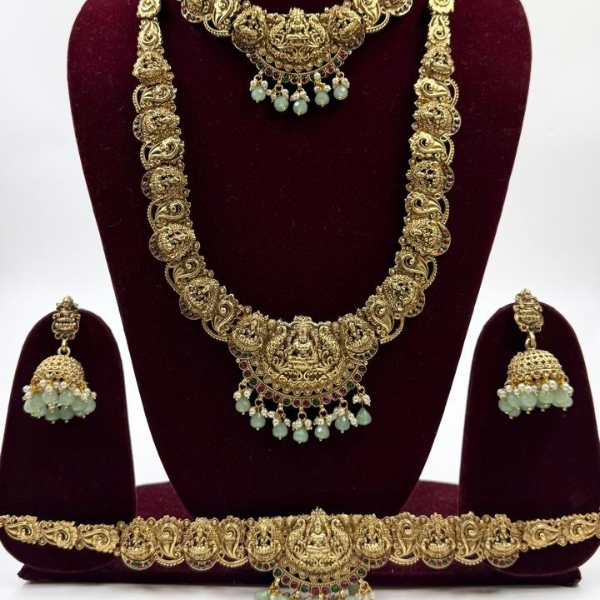 Vintage Gold Toned Jewellery Set - Earrings & Vaddanam