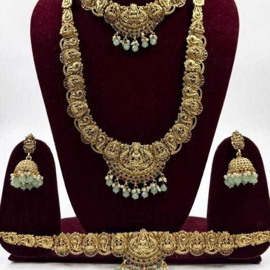 Vintage Gold Toned Jewellery Set - Earrings & Vaddanam