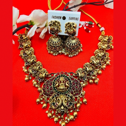 Designer Regal Lakshmi Necklace Set - Red & Green Beads