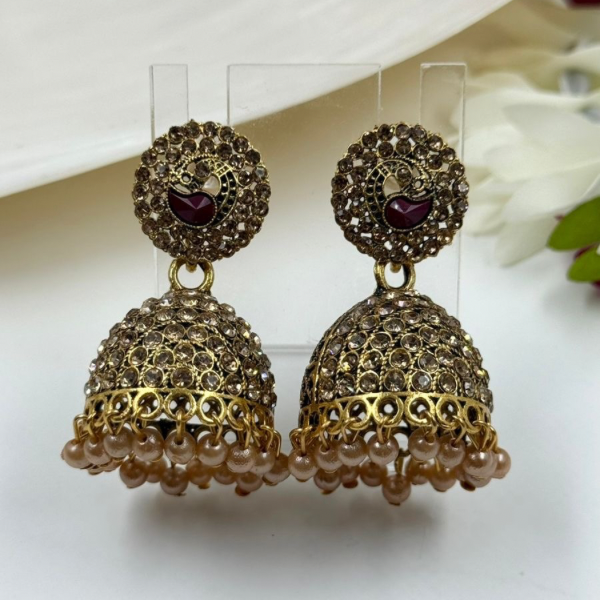 Vintage Gold-Toned Stone Jhumka Earrings
