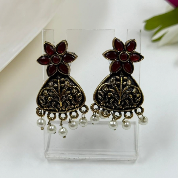 Antique Gold Maroon Jhumka-Style Pearl Drop Earrings