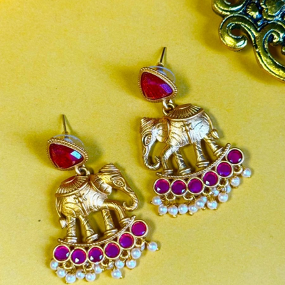 Antique Gold Elephant Motif Earrings with Ruby Stones & Pearl Drops