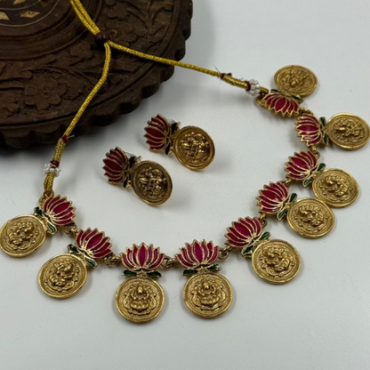 Heritage Lotus Coin Necklace Set in Antique Gold