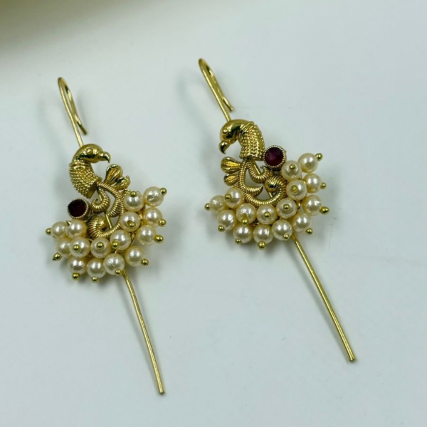 Miniature Pearl Peacock Ear Pins with Ruby Accent