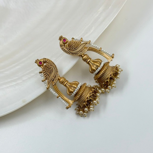Golden Mayura – Antique Peacock Jhumka Earrings with Pearls