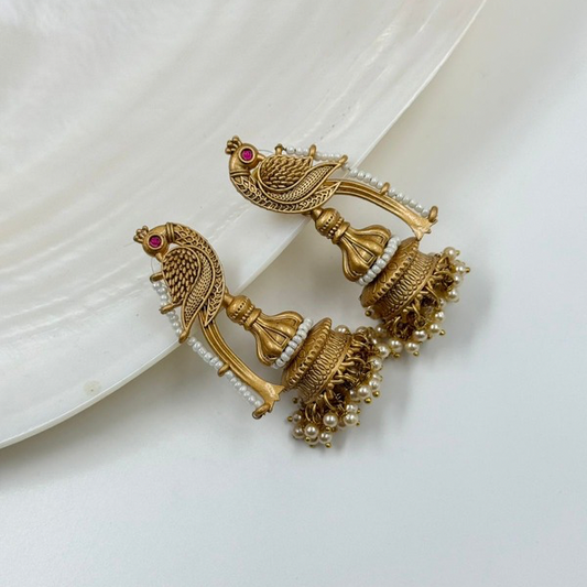 Golden Mayura – Antique Peacock Jhumka Earrings with Pearls