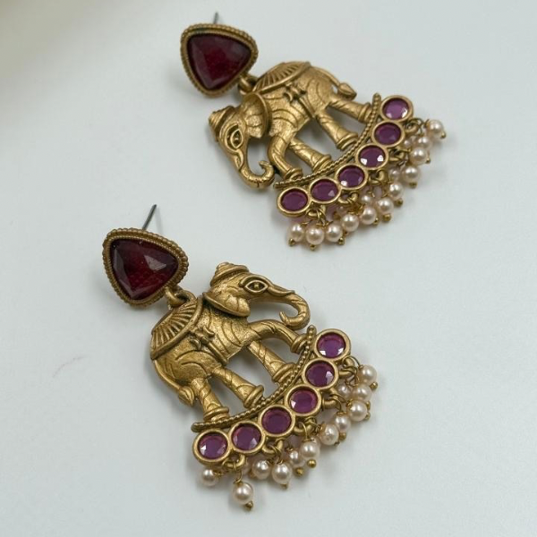 Antique Gold Elephant Motif Earrings with Ruby Stones & Pearl Drops