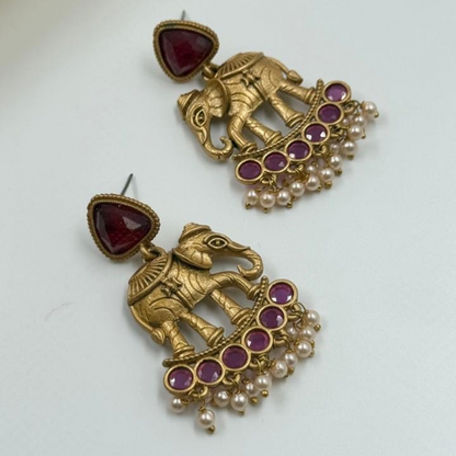 Antique Gold Elephant Motif Earrings with Ruby Stones & Pearl Drops