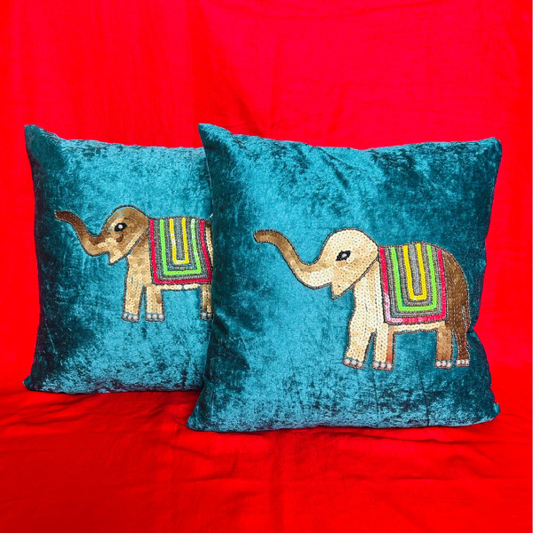 Teal Velvet Elephant Cushion Cover Set