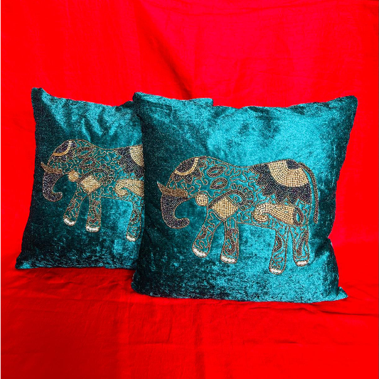 Teal and Gold Elephant Cushion Covers Set