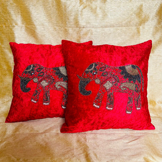 Luxurious Crimson Red Elephant Embellished Cushion Covers (Pair)