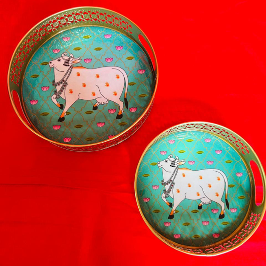 Lotus Serenity: Enchanting Turquoise Cow Tray Set