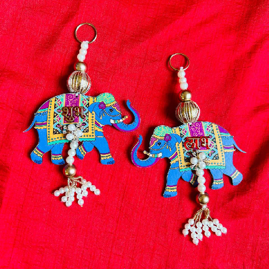 Mystic Blue Elephant Shubh Labh Wall Hanging