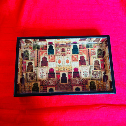 Heritage Charm: Ornate Black Frame Rectangular Tray