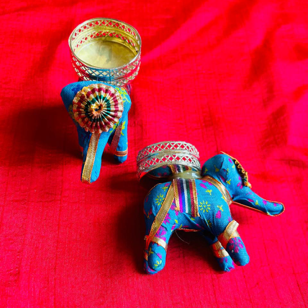 Blue Elephant Candle Holder Diya Set