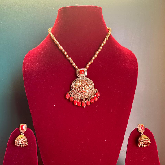 Radiant Red: Gold-Toned Necklace and Earrings Set