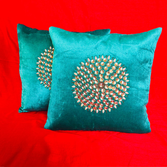 Teal Velvet Beaded Cushion Covers