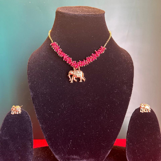 Elephant Elegance: Vibrant Red Necklace and Earrings Set