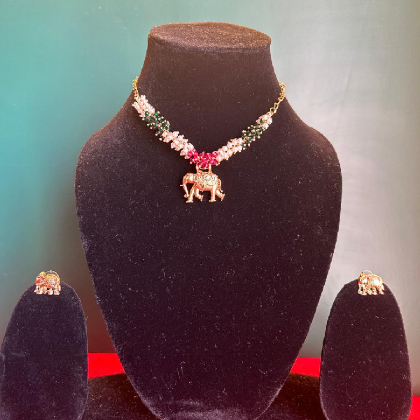 Vibrant Elegance: Layered Green and Pink Elephant Necklace and Earrings Set