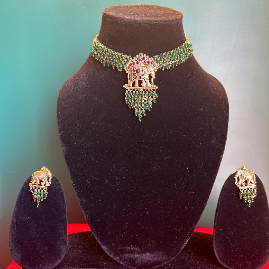 Elephant Trio: Gold-Toned Choker Necklace and Earrings Set