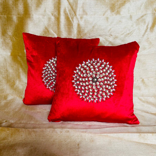 Glamour Red: Crystal-Embellished Velvet Cushion Covers