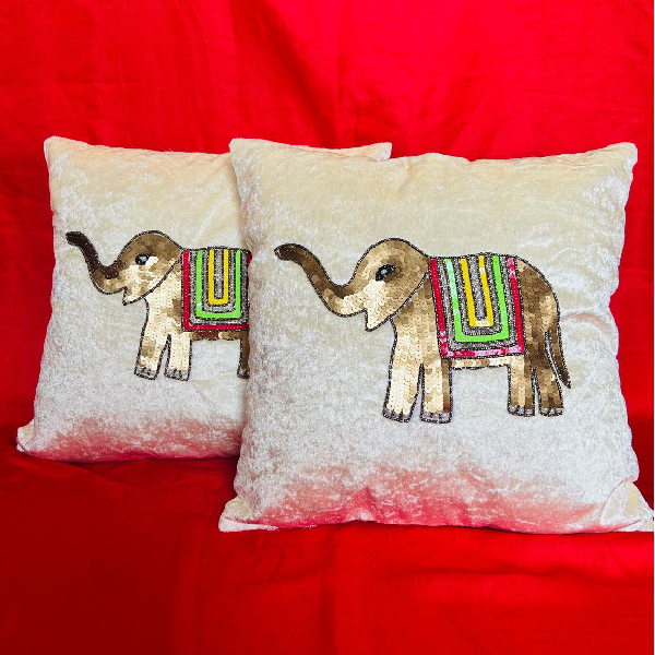 Vibrant Elephant Embroidered Cream Cushion Covers