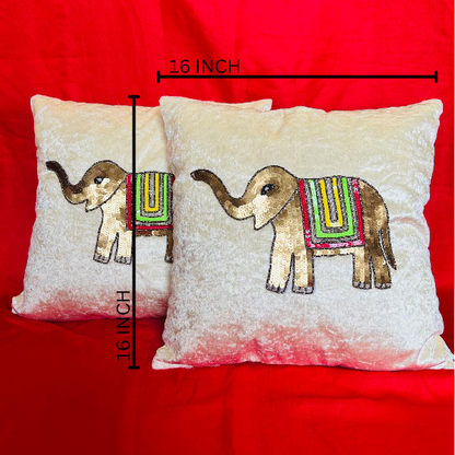 Vibrant Elephant Embroidered Cream Cushion Covers