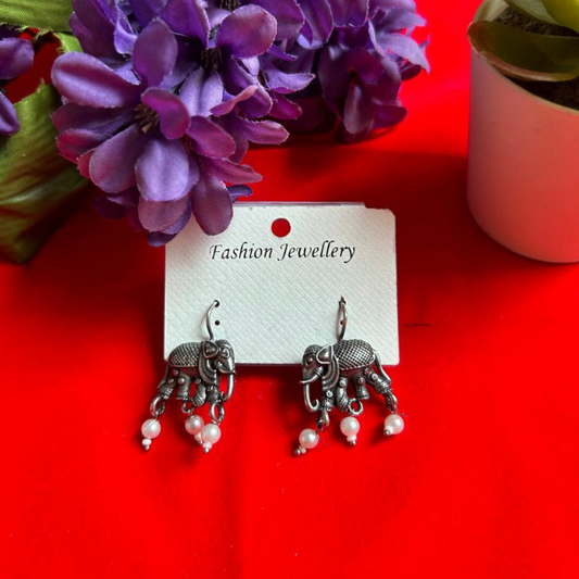 Simple Oxidized Elephant Earrings With Pearls