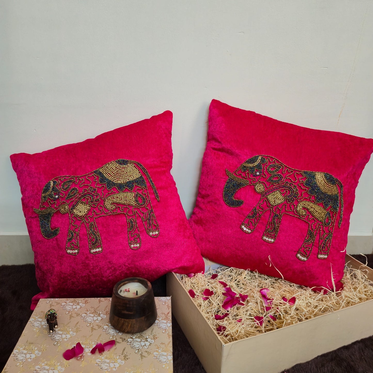 Pink and Gold Elephant Cushion Covers Set